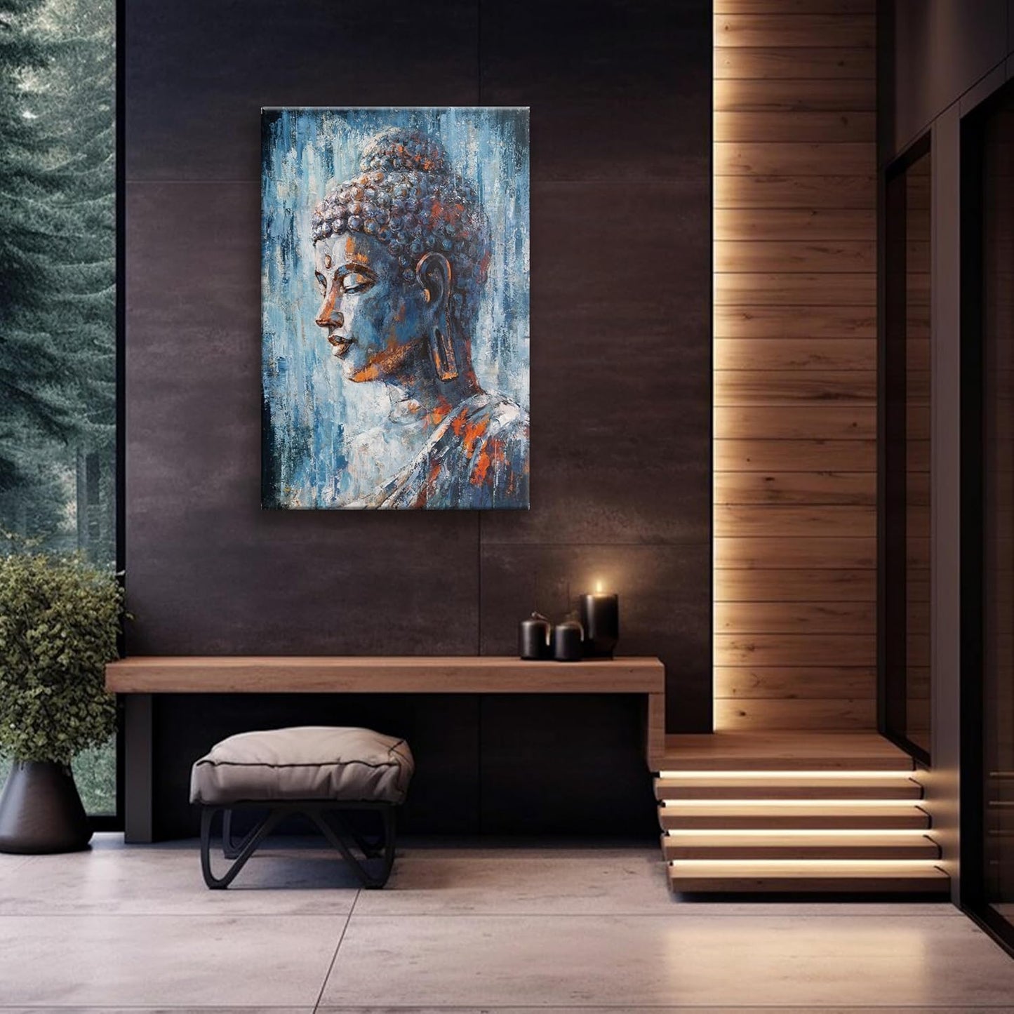 Large Buddha Statue Decor Wall Art Canvas Wall Decor Painting Buddha Head Picture Zen Art Dark Blue Artwork for Bathroom Bedroom Walls 32x48