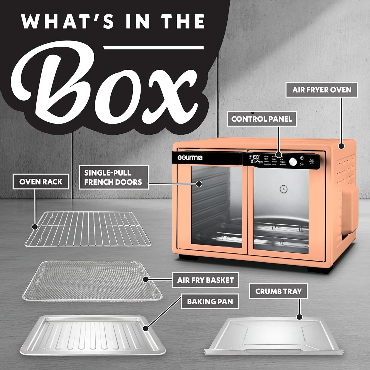 Gourmia French Door Digital Air Fryer Oven - XL 37QT Capacity, 12 Presets, FryForce 360° Tech, Dehydrate, Proof, Slow Cook, Fits 13” Pizza, 1700W, Peach