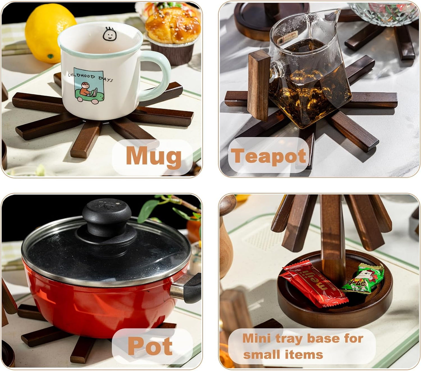 Wooden Tree Shape Trivet Set, Bamboo Trivet Set with Organizer Rack Coaster Home Decor, Creative Housewarming Gift，Brown