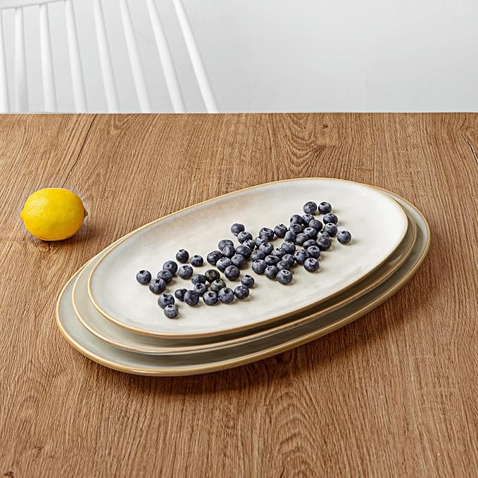 famiware Serving Platter, Oval 15.59/14.3/12.9 inch Serving Dishes for Entertaining, Serving Bowls, Microwave Safe, Stonware Serving Trays for Party, Turkey, Cheese, Ocean Series, Cappuccino White