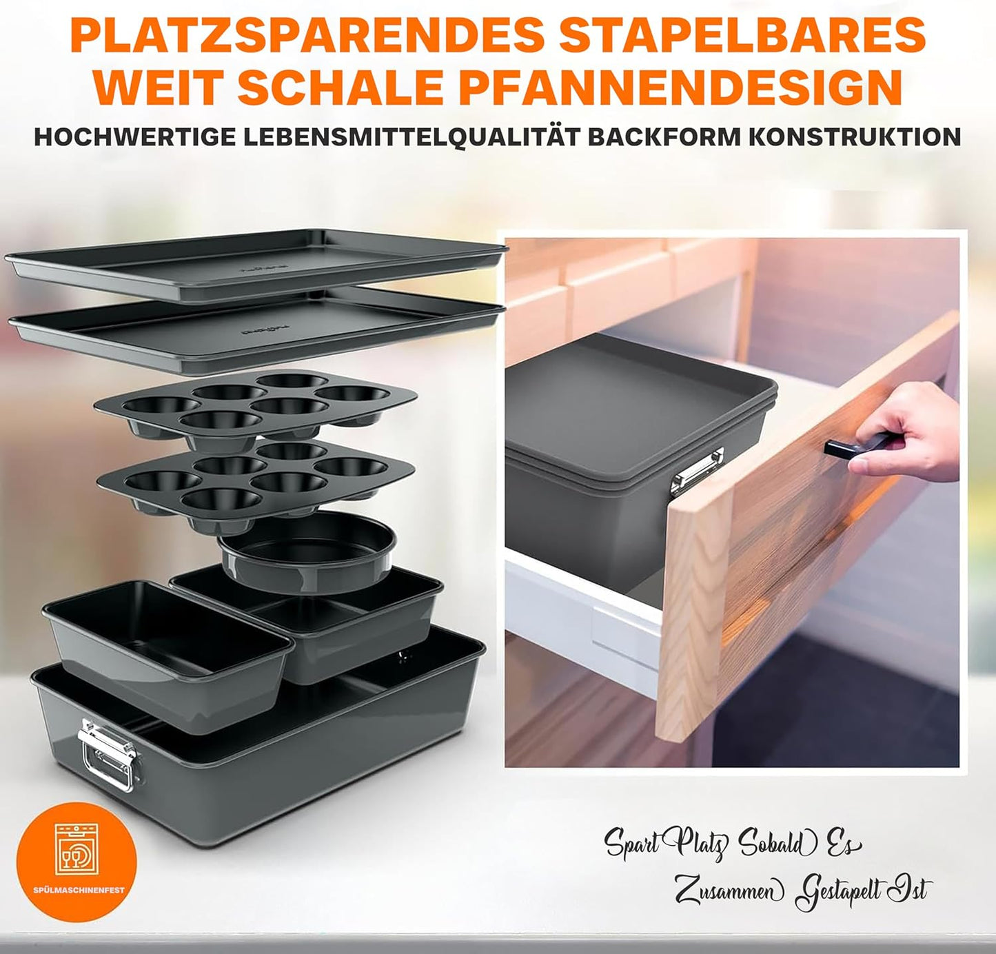 NutriChef 8-Piece Nonstick Stackable Bakeware Set - PFOA, PFOS, PTFE Free Baking Pans Set w/Non-Stick Coating, 450°F Oven Safe, Round Cake, Loaf, Muffin, Wide/Square Pans, Cookie Sheet (Gray)