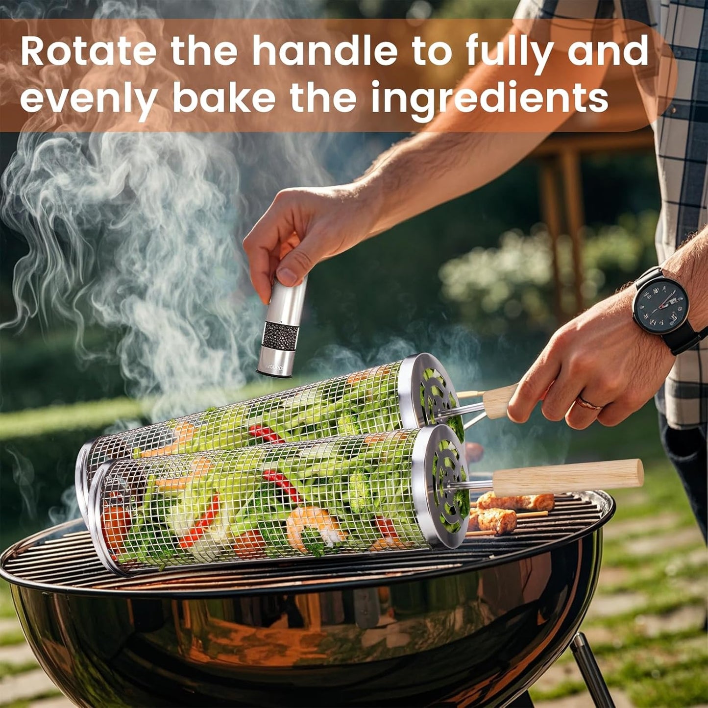Nesting Grill Baskets (2 PCS), 304 Stainless Steel with Removable Wooden Handle, Rolling Grilling Net, BBQ Accessories Tools for Vegetables Shrimp, Outdoor Camping, Gifts for Men Dad and Husband