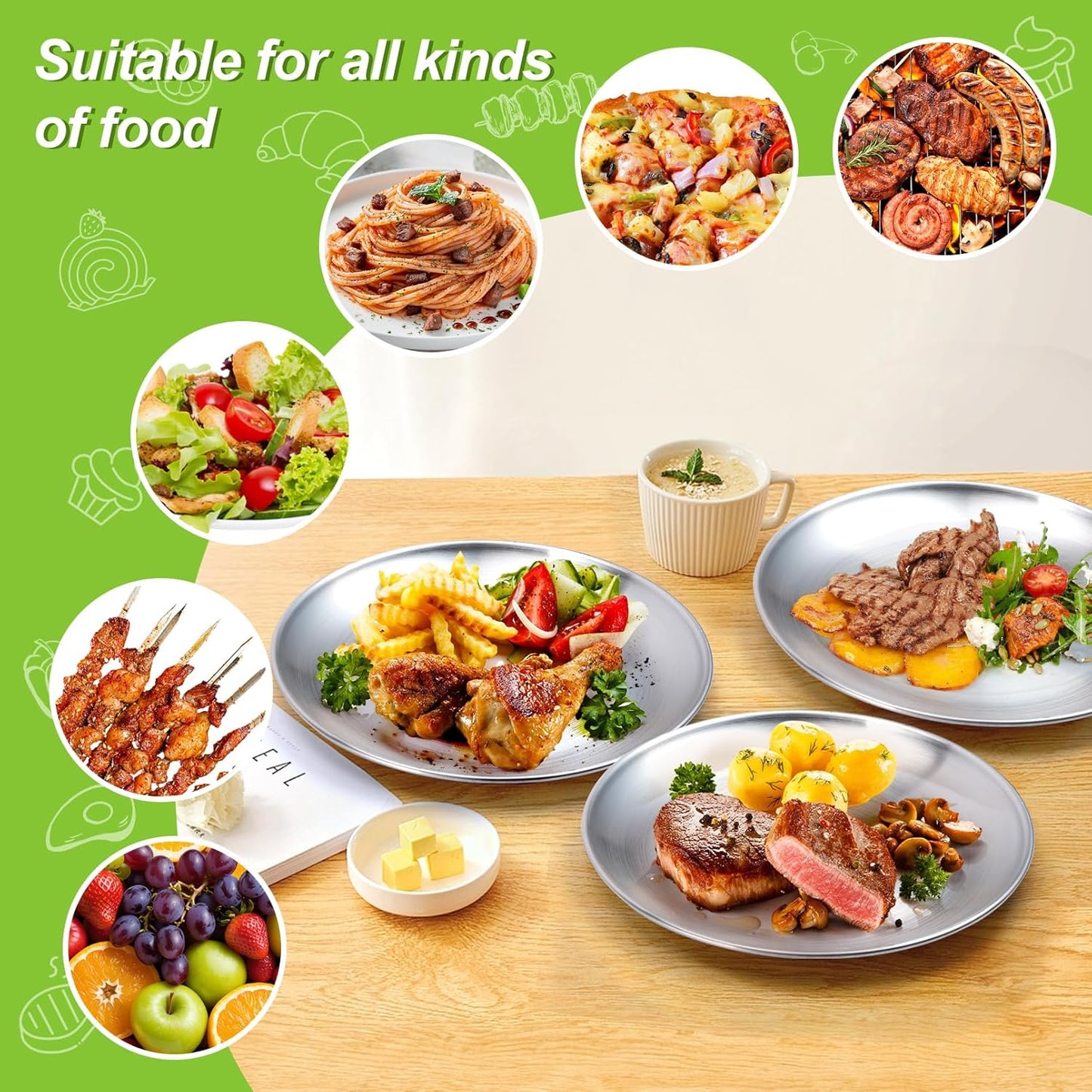 Jeffbaubl 6 Pack Stainless Steel Plates,7.8 Inch Round Salad Plates, Unbreakable Metal 304 Dinner Dishes,Lightweight Feeding Serving Camping Plate, Reusable and Dishwasher Safe