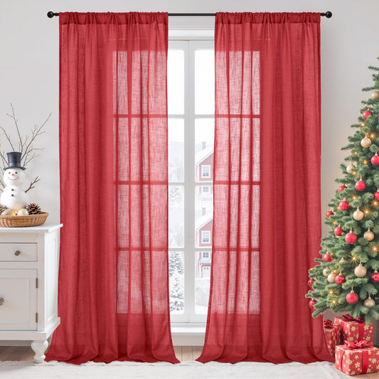 BGment Red Linen Curtains for Living Room 84 Inch Length - Christmas Semi Sheer Window Drapes Textured Rod Pocket for Bedroom Decor Lightweight Light Filtering, 2 Panels Set, Each Panel 52 Inch Wide