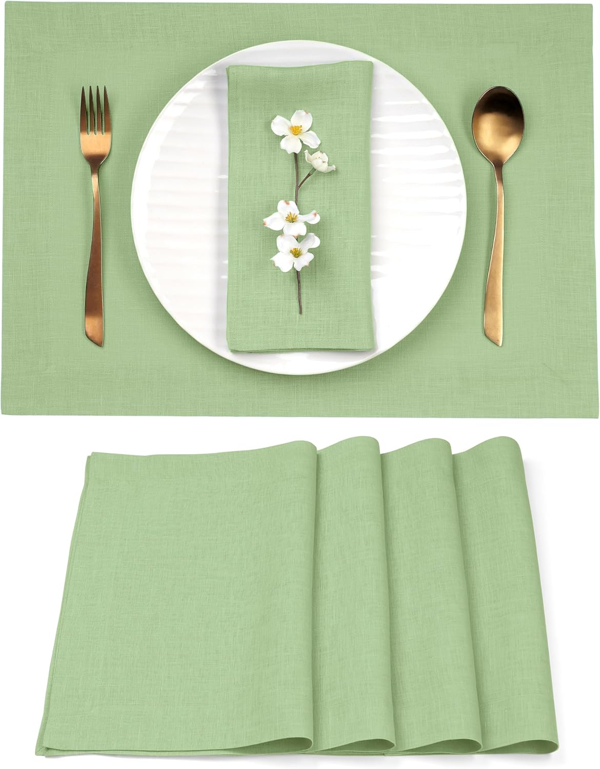 D'Moksha Homes Linen Placemats 14 x 19 Inch - Sage Green Placemats Set of 4-100% Pure Linen Table Place Mats for Fall, Autumn and Halloween - Handcrafted and Machine Washable