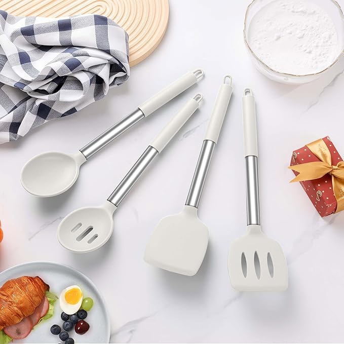 LIANYU Silicone Spatula and Cooking Spoon, 4 Pack Kitchen Cooking Utensils Set for Non-stick Cookware, Heat Resistant Solid & Slotted Spoons and Spatulas, Stainless Steel Handle, White