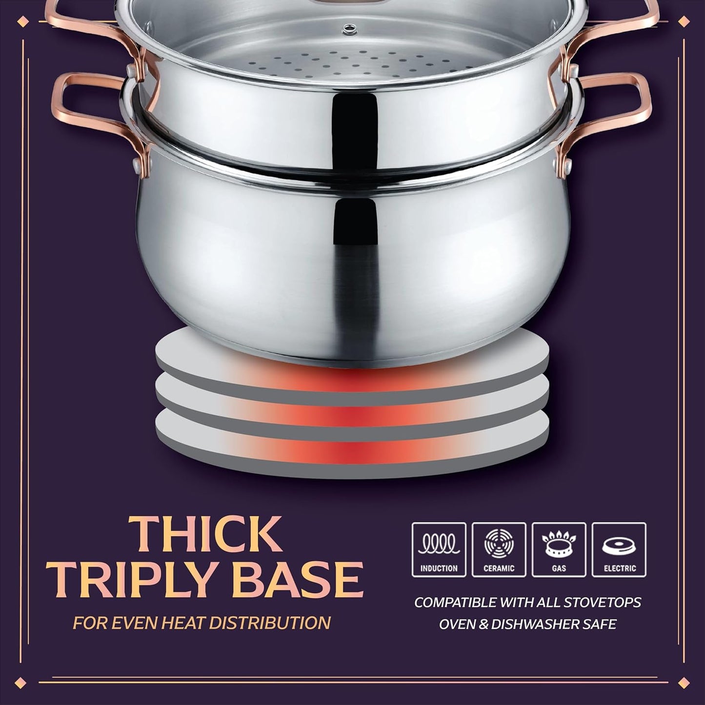 CONCORD Premium Stainless Steel 2 Tier Steamer w/Rose Gold Handles 22 cm