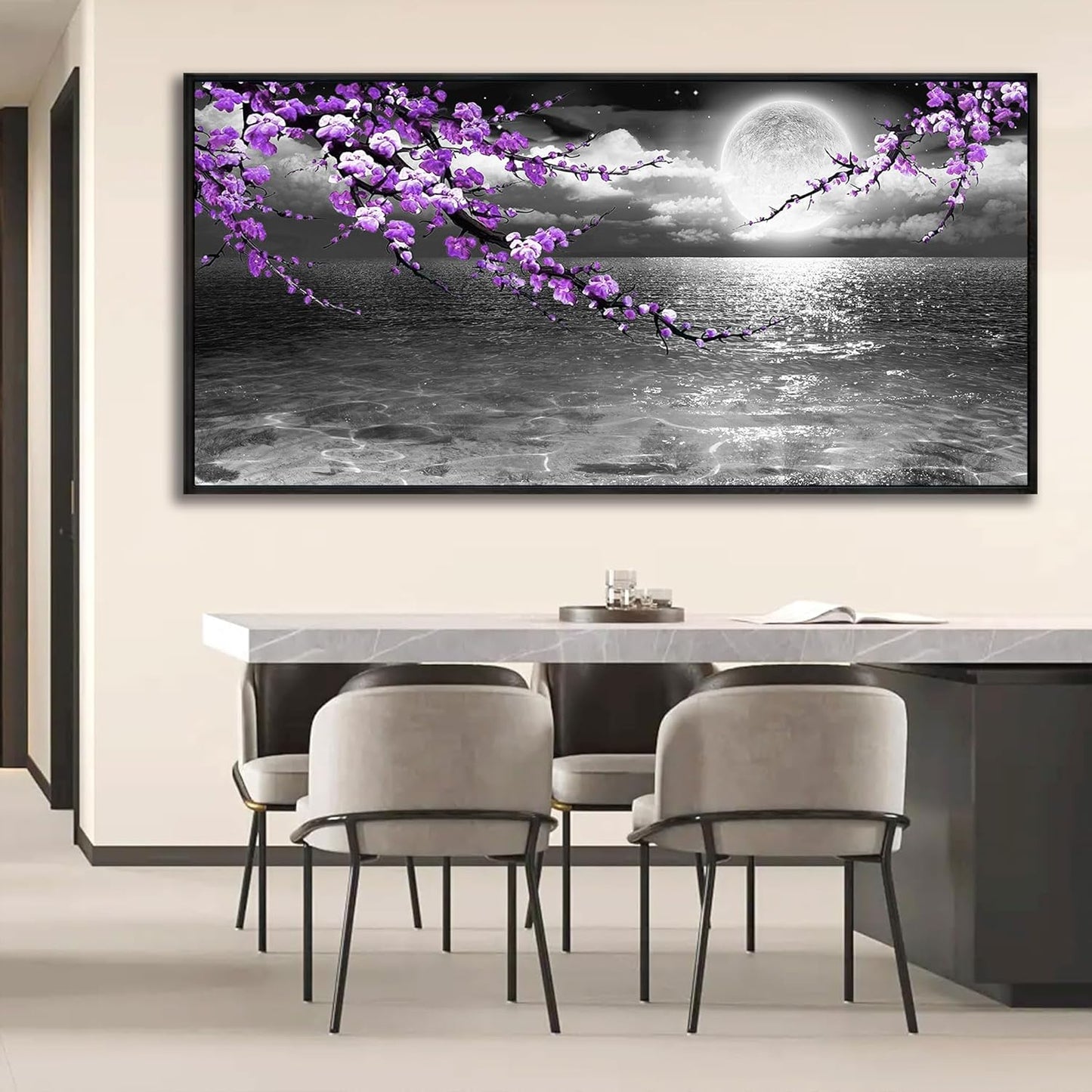 yiijeah Extra Large Paintings for Living Room - Purple Wall Decor Plum Blossom Moon Ocean Canvas Picture Framed Artwork Black and White Seascape Wall Art Home Bedroom Decoration