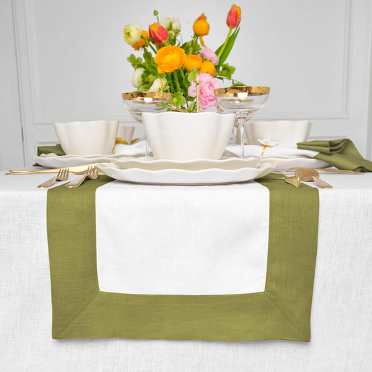 Solino Home Linen Table Runner 48 Inches - 100% Pure Linen Avocado and White Small Table Runner 14 x 48 Inch Ideal for Dresser and Coffee Tables - Fall, Autumn, Thanksgiving - Contempo