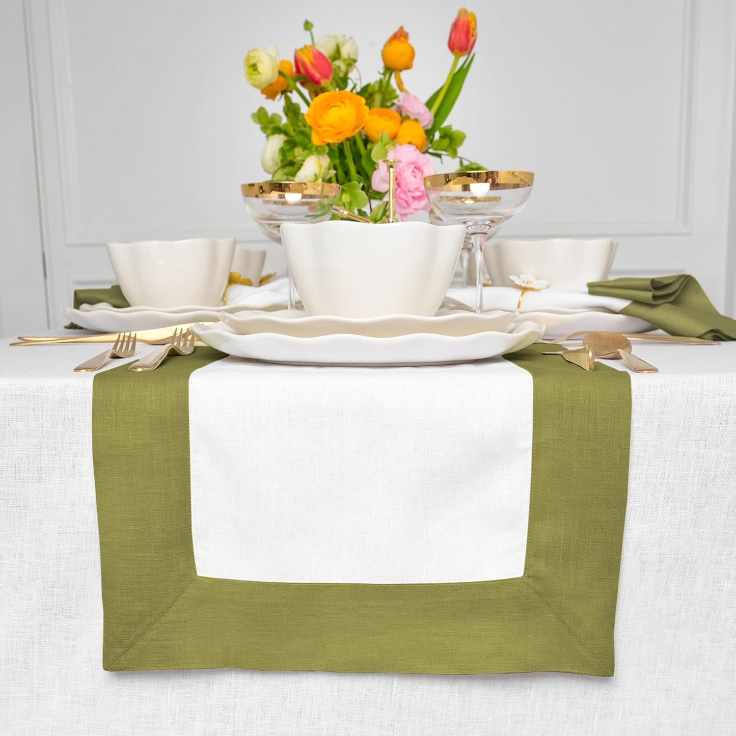 Solino Home Linen Table Runner 108 Inches Long - 100% Pure Linen Avocado and White Dining Table Runner 14 x 108 Inch for Fall, Autumn, Thanksgiving - Contempo