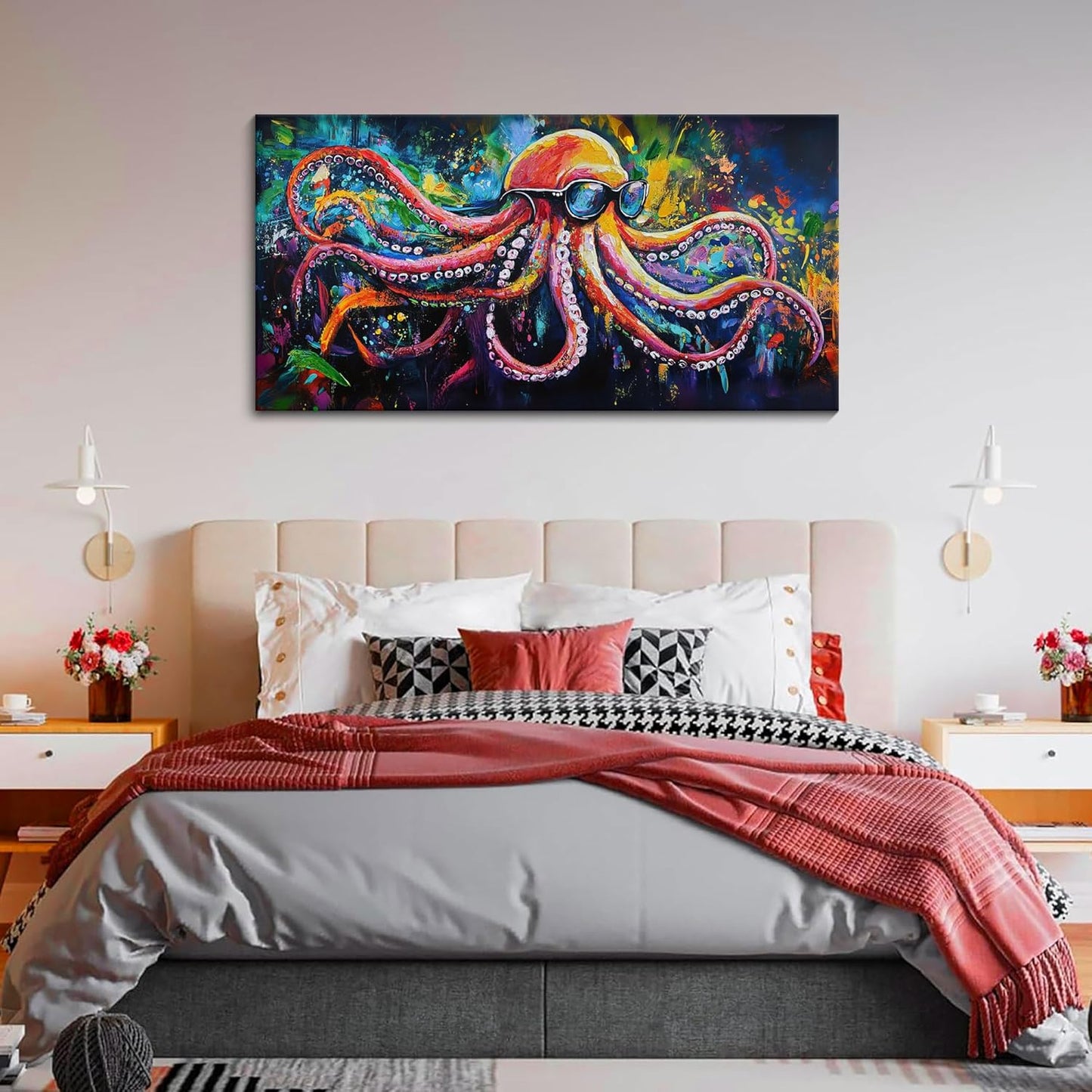 JEAWA Octopus Canvas Wall Art, Abstract Marine Life Modern Graffiti Texture Wall Painting for Living Room Bathroom Bedroom Men Teenage Boy Room Game Room Cool Posters Pictures Decor 20x40 IN