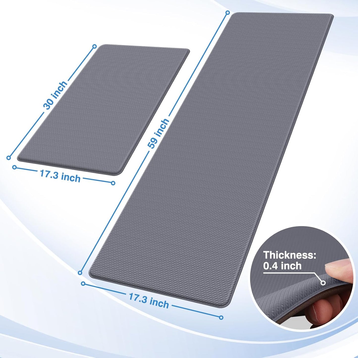 StepRite Kitchen Mats, 2PCS Kitchen Rugs, Cushioned Anti Fatigue Kitchen Mats for Floor, Non-Slip Standing Desk Mat, Waterproof Kitchen Rug Set for Kitchen, Floor, Office, 17.3"x30"+17.3"x59", Grey