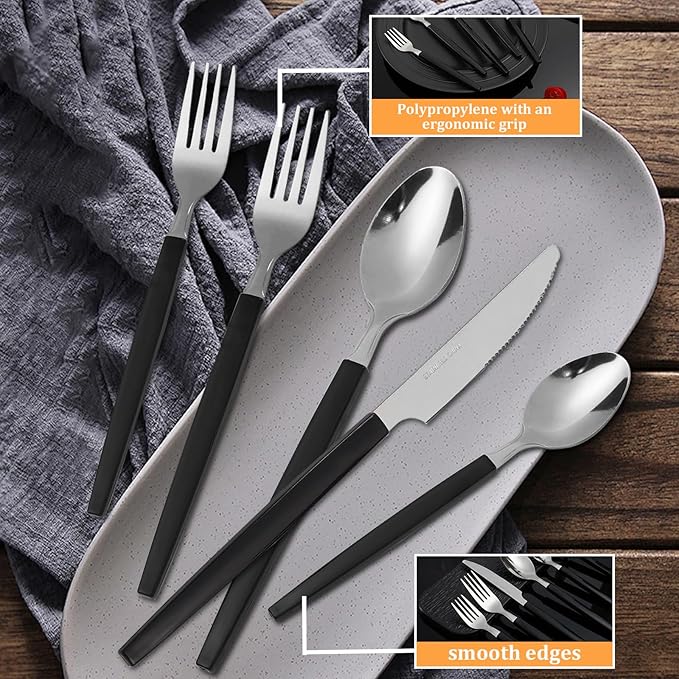 Silverware Sets - 48 PCS 18/0 Food Grade Stainless Steel Silverware Sets Service for 8 Dishwasher Safe, Mirror Polished Flatware Set For Home,Restaurant,Hotel, Wedding, Parties（Black）