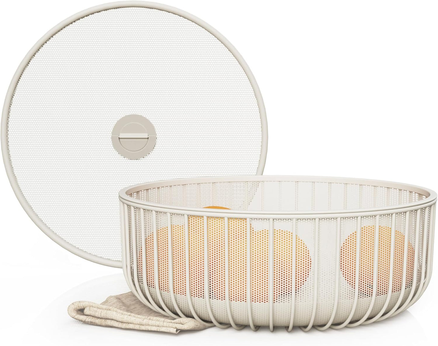 Metal Fruit Bowl with Mesh Lid and Basket - Fruit and Vegetable Holder for Kitchen Counter - Versatile and Durable Storage Basket Organizer for Fruit, Veggie, Snacks - 11x11x4-Inch (Warm Gray)