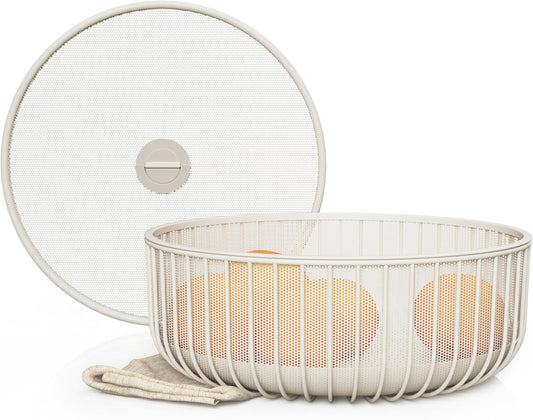 Metal Fruit Bowl with Mesh Lid and Basket - Fruit and Vegetable Holder for Kitchen Counter - Versatile and Durable Storage Basket Organizer for Fruit, Veggie, Snacks - 11x11x4-Inch (Warm Gray)