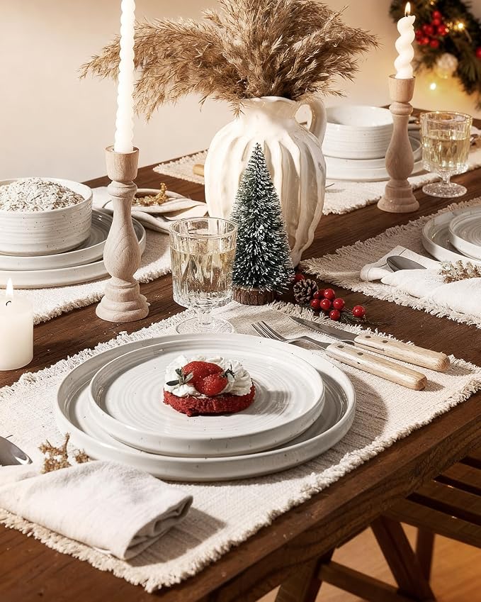 Stoneware Dinnerware Sets, Dish Set for 4, 12 Pieces Spiral Dishware Set with Straight Rim, Speckles & Reactive Glaze - Microwave and Dishwasher Safe Tableware, White