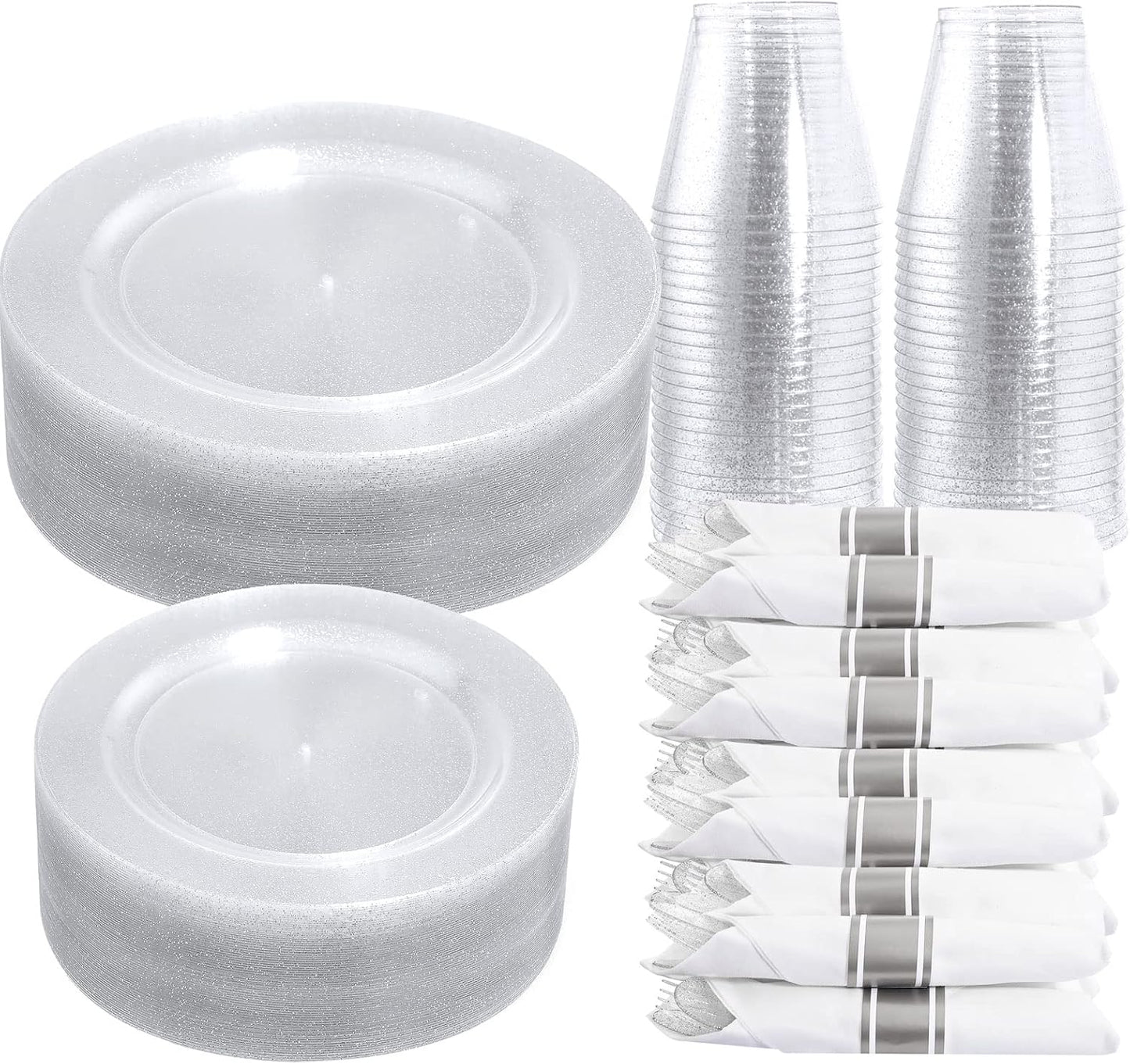 DaYammi 350 Pieces Silver Glitter Dinnerware Set 50 Guest for Party- 50 Dinner Plates, 50 Dessert Plates- 50 Per Rolled Napkins with Silver Cutlery- 50 Disposable Cups 9 OZ