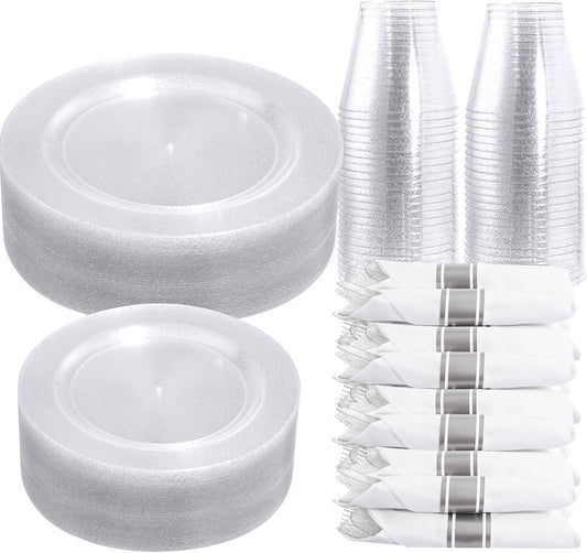DaYammi 350 Pieces Silver Glitter Dinnerware Set 50 Guest for Party- 50 Dinner Plates, 50 Dessert Plates- 50 Per Rolled Napkins with Silver Cutlery- 50 Disposable Cups 9 OZ