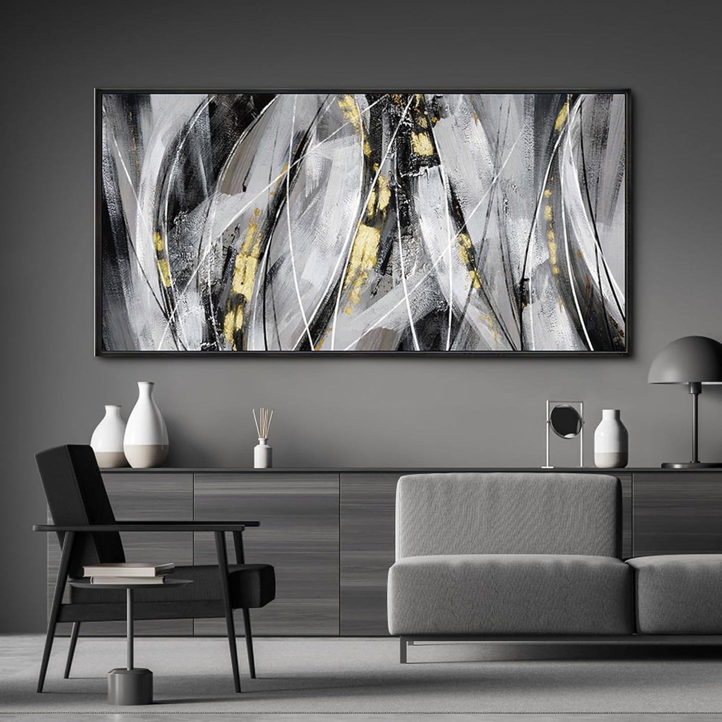 KLAKLA Abstract Frame Wall Art - Black and White Picture for Living Room Black and Gold Framed Artwork Canvas Art Work for Office Home Decor Bedroom Wall Decoration - 58x29 Inches