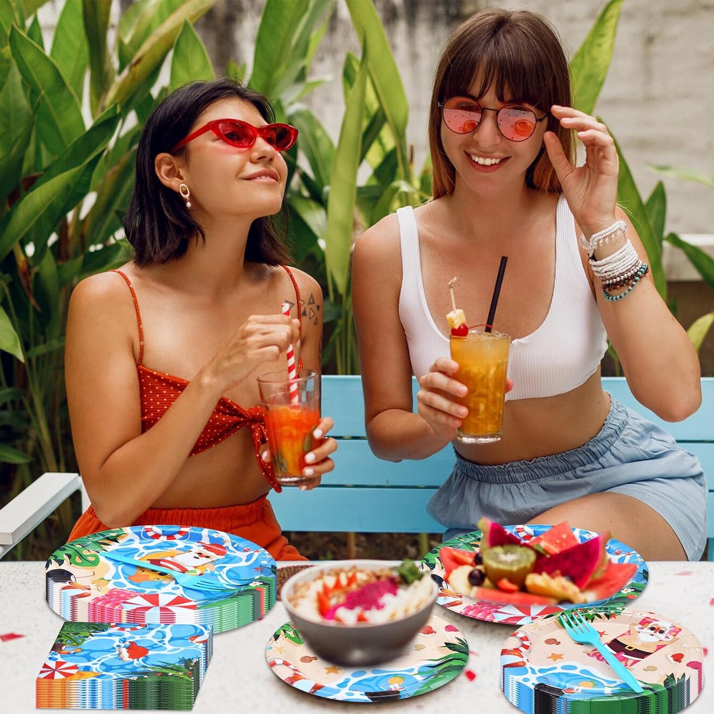 96 Pieces Christmas July Disposable Tableware Set - Tropical Beach Santa Party Supplies with Paper Plates, Napkins, Forks for Holiday Celebrations, Hawaiian Summer Christmas, and Pool Party Decor