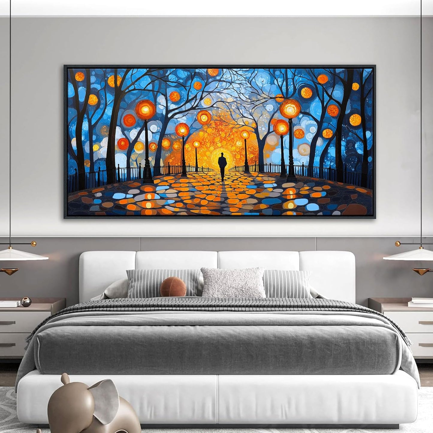QZQCBLC Large Dark Blue Wall Art, Abstract Night Scene Wall Pictures Orange Light Black Trees Landscape Framed Canvas Paintings Artwork for Living room Bedroom kitchen Home Office Decor 29x58 IN