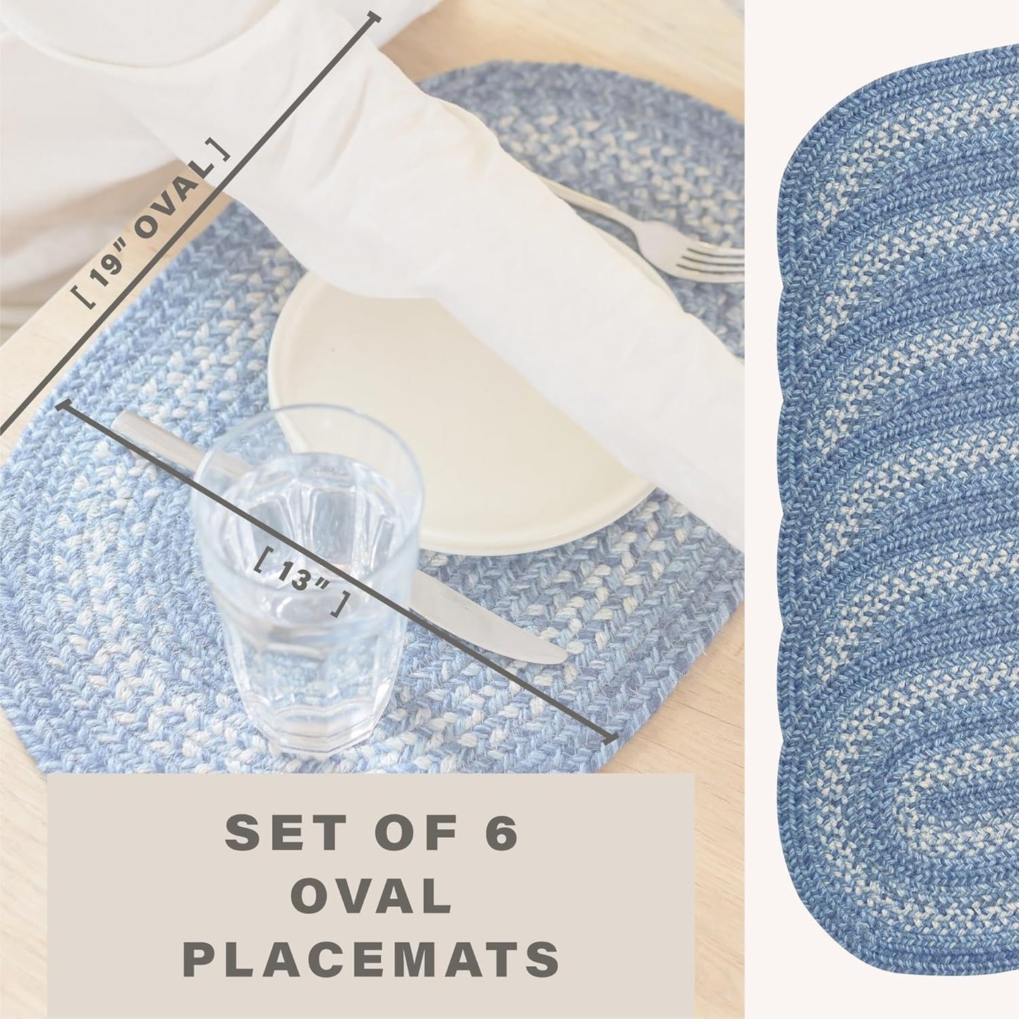 Homespice Denim Jute Braided Oval Placemats, Country Coastal Decor, Set of 6, 13x19 Blue Table Mats - Vibrant Colors, Durable, Easy to Clean and Protects Furniture