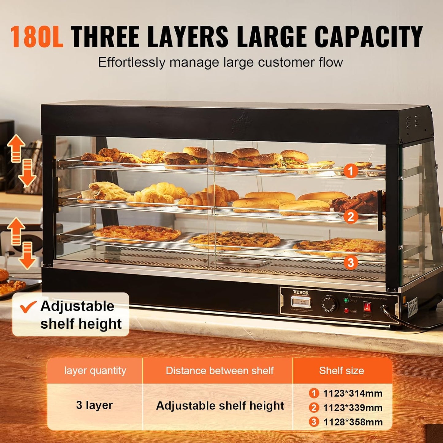 VEVOR 3-Tier Commercial Food Warmer Display, 1500W Food Display Warmer with Light, Adjustable Shelf and Temperature Display, 86℉~185℉ Steam Heating, 180L for Hamburger, Pizza, Bread, Fried Chicken