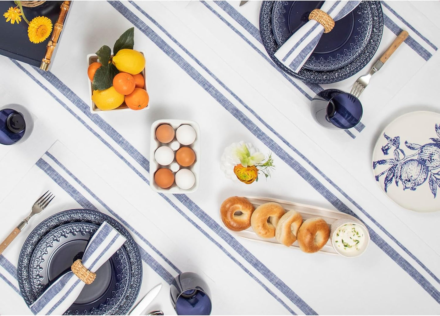 Solino Home Linen Table Runner 72 Inches Long - 100% Pure Linen Navy and White French Stripe Table Runner 14 x 72 Inch for Dining, Dresser, Fall, Autumn, Halloween, Thanksgiving