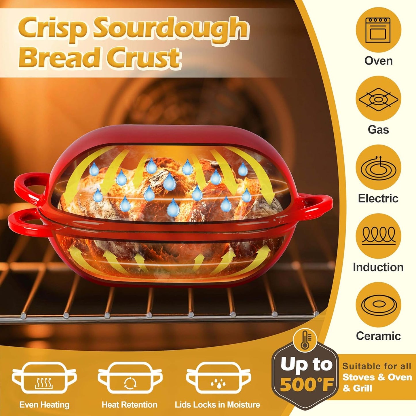 Homikit Enameled Cast Iron Dutch Oven for Bread Baking, 2.8 QT Oval Bread Oven Pot with Lid, Sourdough Loaf Iron Dutch Oven Pan for Roasting Cooking, Red & Heavy Duty