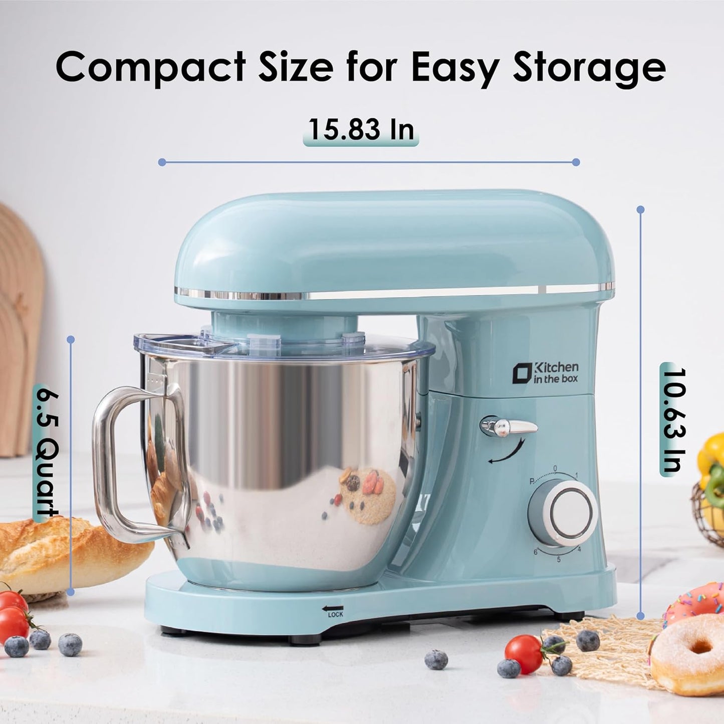 Kitchen in the box Stand Mixer - 6.5 Quart Mixing Bowl with Handle, 900 Watt Powerful Heavy Bread Dough Standing Mixers Tilt-head with Dough Hook, Whisk, Flat Beater and Splash Guard (Blue)