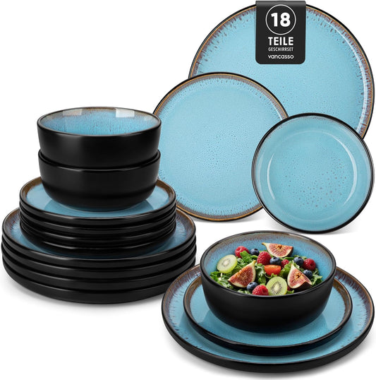 vancasso Plates and Bowls Sets, 18 Pieces Stoneware Dinnerware Sets for 6, Kitchen Dish Set Mircowave and Dishwasher Safe Dinner Set Ceramic Dishware, Sky Blue, Series AMBER