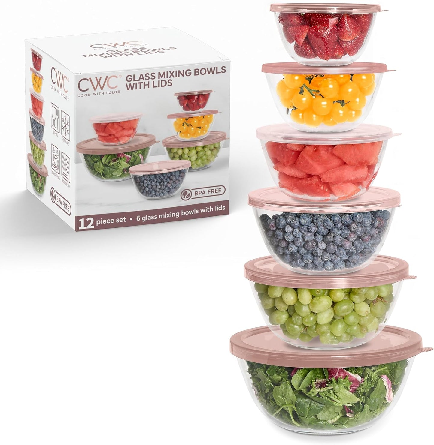 COOK WITH COLOR 12 Pc Glass Mixing Bowl Set with Lids – Borosilicate Glass Nesting Bowls for Cooking, Baking and Meal Prep, Pink