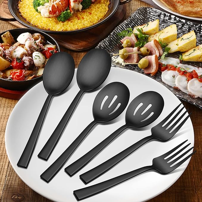 Herogo 46-Piece Matte Black Silverware Set with Serving Utensils, Stainless Steel Square Flatware, Modern Tableware Cutlery Set with Serving Pieces for Catering Banquet, Dishwasher Safe, Satin Finish
