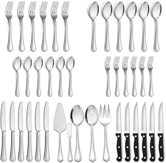LIANYU 41-Piece Silverware Flatware Set for 6, Plus Steak Knives and Serving Utensils, Stainless Steel Flatware Cutlery Set, Eating Utensils Tableware with Scalloped Edge, Dishwasher Safe