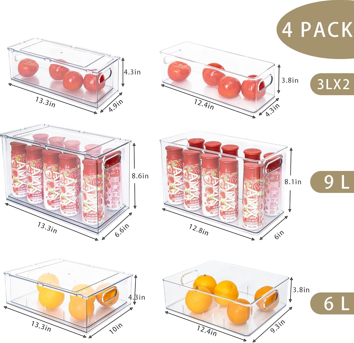 MANO Fridge Drawer Pull Out Stackable Bins with Handle Clear Refrigerator Drawers Organizer Food Storage Container Box with Dividers Plastic Produce Saver for Pantry, Cabinet, Kitchen, Clothes（4Pack）