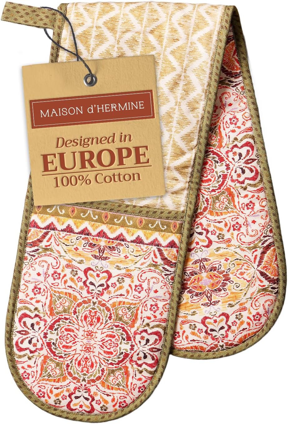 Maison d' Hermine Double Oven Mitt (7" x 35") 100% Cotton Heat Resistant BBQ Cooking Gloves with Loop for Thanksgiving Christmas Decorations Baking Cooking Barbeque Handling Hot Pan (Damask)