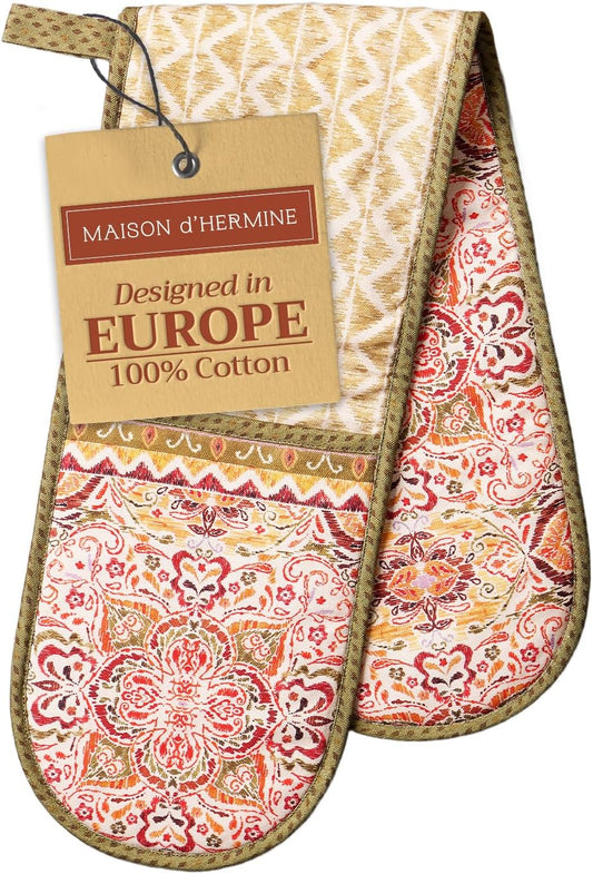 Maison d' Hermine Double Oven Mitt (7" x 35") 100% Cotton Heat Resistant BBQ Cooking Gloves with Loop for Thanksgiving Christmas Decorations Baking Cooking Barbeque Handling Hot Pan (Damask)