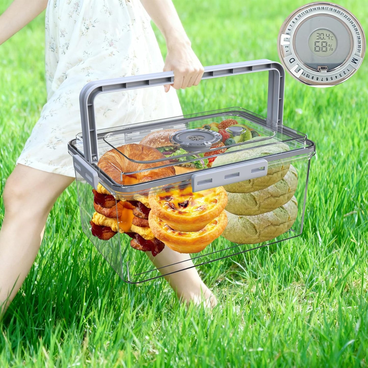 Bread Box With Digital Hygrometer, Portable Bread Boxes with Lid and Handle,New Upgrade Time Recording Bread Storage Container for Homemade Breads,Toast, Bagel, Donut and Cookies(Grey)