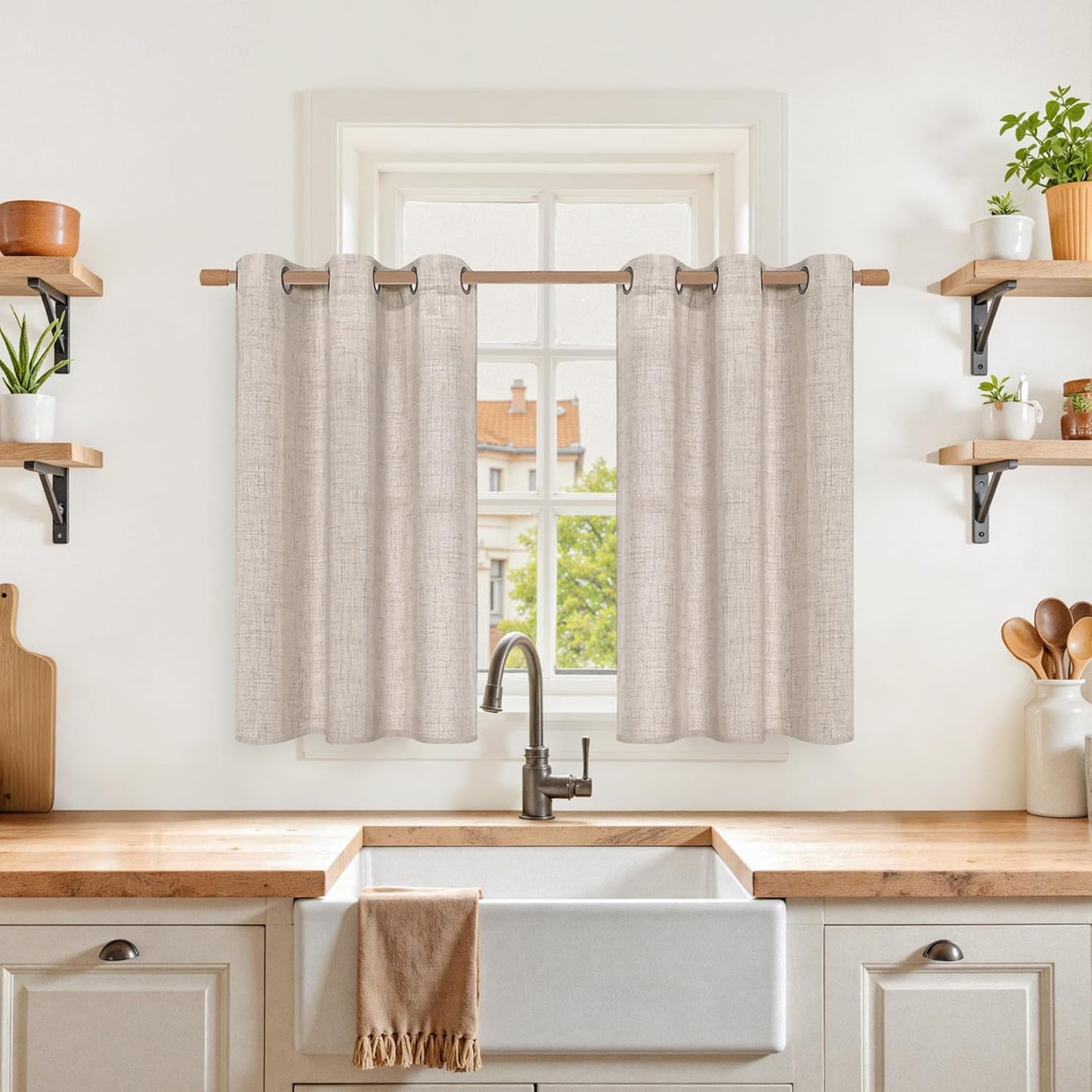 YoungsTex Linen Cafe Curtains 36 Inch Length with Grommet, Half Window Drapes Light Filtering Semi Sheer for Kitchen Bathroom Small Window, 2 Panels, 34 X 36 Inch