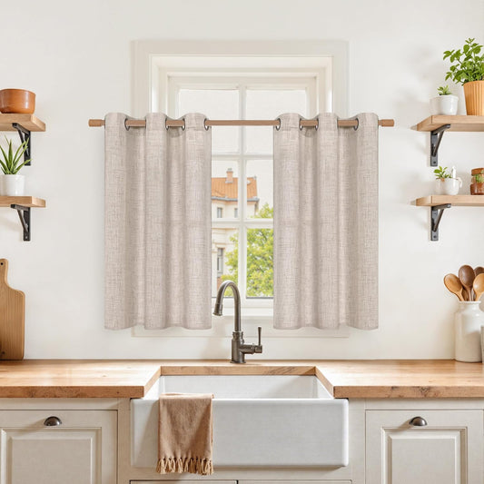 YoungsTex Linen Cafe Curtains 36 Inch Length with Grommet, Half Window Drapes Light Filtering Semi Sheer for Kitchen Bathroom Small Window, 2 Panels, 34 X 36 Inch