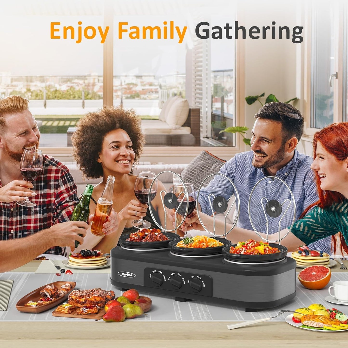 Sunvivi Triple Slow Cooker, Buffet Food Warmer with 3 * 1.5 Quarts Removable Ceramic Pots, Buffet Servers and Warmers with Glass Lids and 3 Spoons, Stainless Steel, Grey