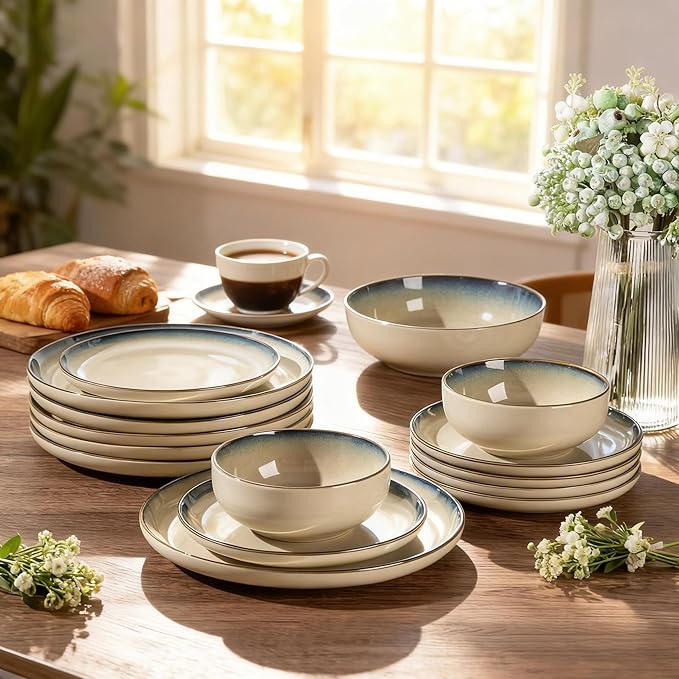 GBHOME Ceramic Dinnerware Sets for 6, 18 Pieces Stoneware Plates and Bowls Sets, Reactive Glaze Dishes -Scratch Resistant, Dishwasher&Microwave Safe,Pale Khaki