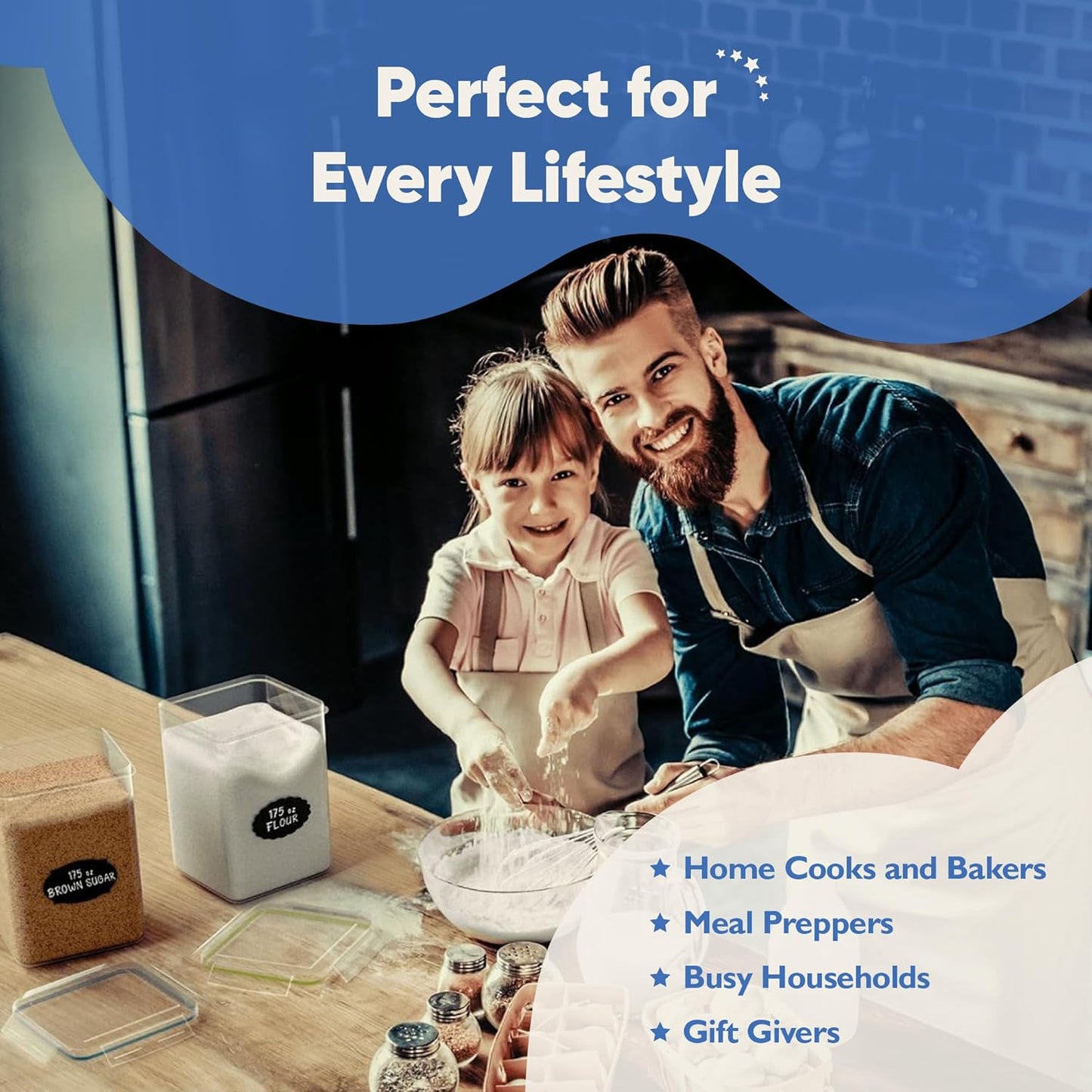 Chef's Path Kitchen Storage Box Set of 4 Extra Large Airtight Food Storage Jars for Sugar Flour Cereal Rice - Measuring Spoons, Pen and Food Preservation Labels (5.2 L)