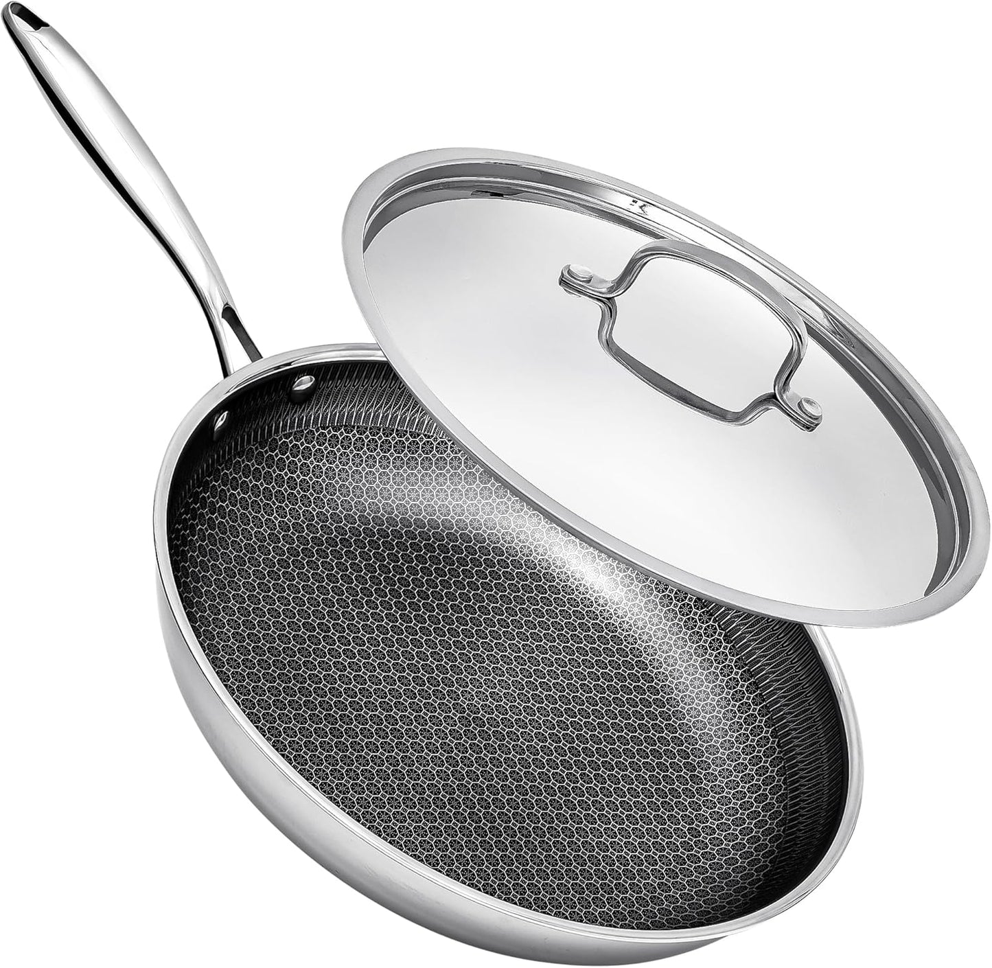 Non Stick Frying Pans with Lids, 12 Inch Fry Pan, Hybrid Large Frying Pan with Lid, Nonstick Skillet Stainless Steel, Dishwasher & Oven-Safe, Induction Compatible Cooking Pan