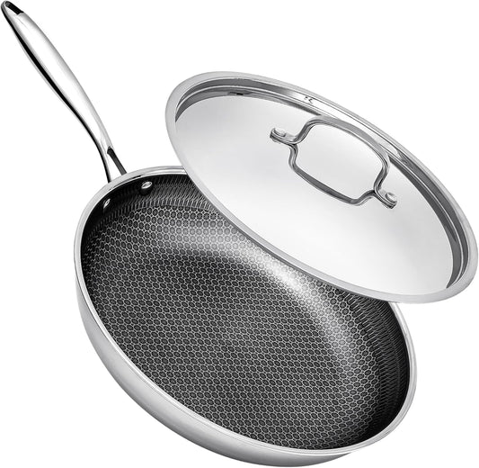 Non Stick Frying Pans with Lids, 12 Inch Fry Pan, Hybrid Large Frying Pan with Lid, Nonstick Skillet Stainless Steel, Dishwasher & Oven-Safe, Induction Compatible Cooking Pan