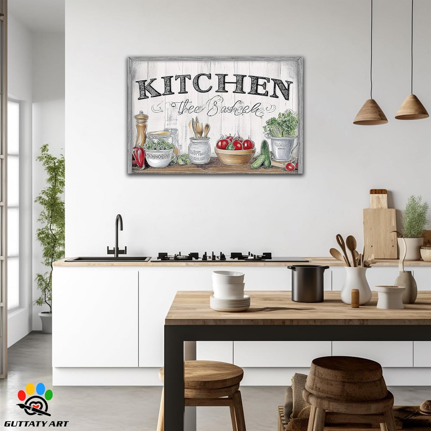 GUTTATY Kitchen Pictures Wall Decor, Farmhouse Wall Art Decor Various Vegetables and Spoon Painting for Dinning Room Restaurant Decor, Mother's Day Gift for Grandma Mom Hanging Artwork 32×48 Inch