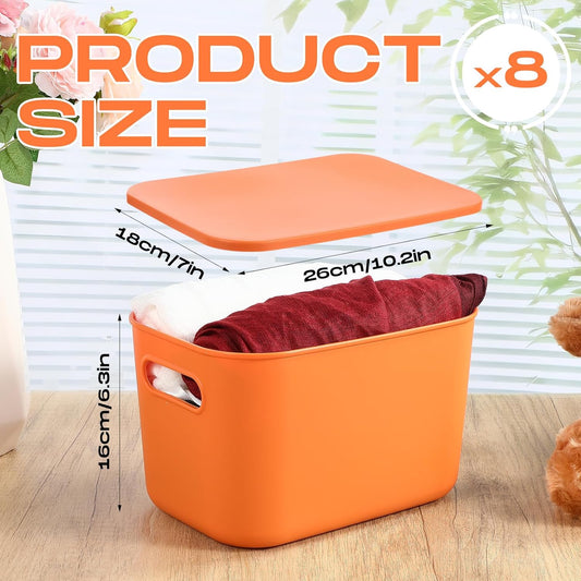 Hoolerry 8 Pieces Colorful Storage Bins with Lid, Plastic Storage Basket Organizing Container Stackable Box with Handle for Shelves Desktop Playroom Office(10.2 x 7 x 6.3 Inch,Blue and Orange)