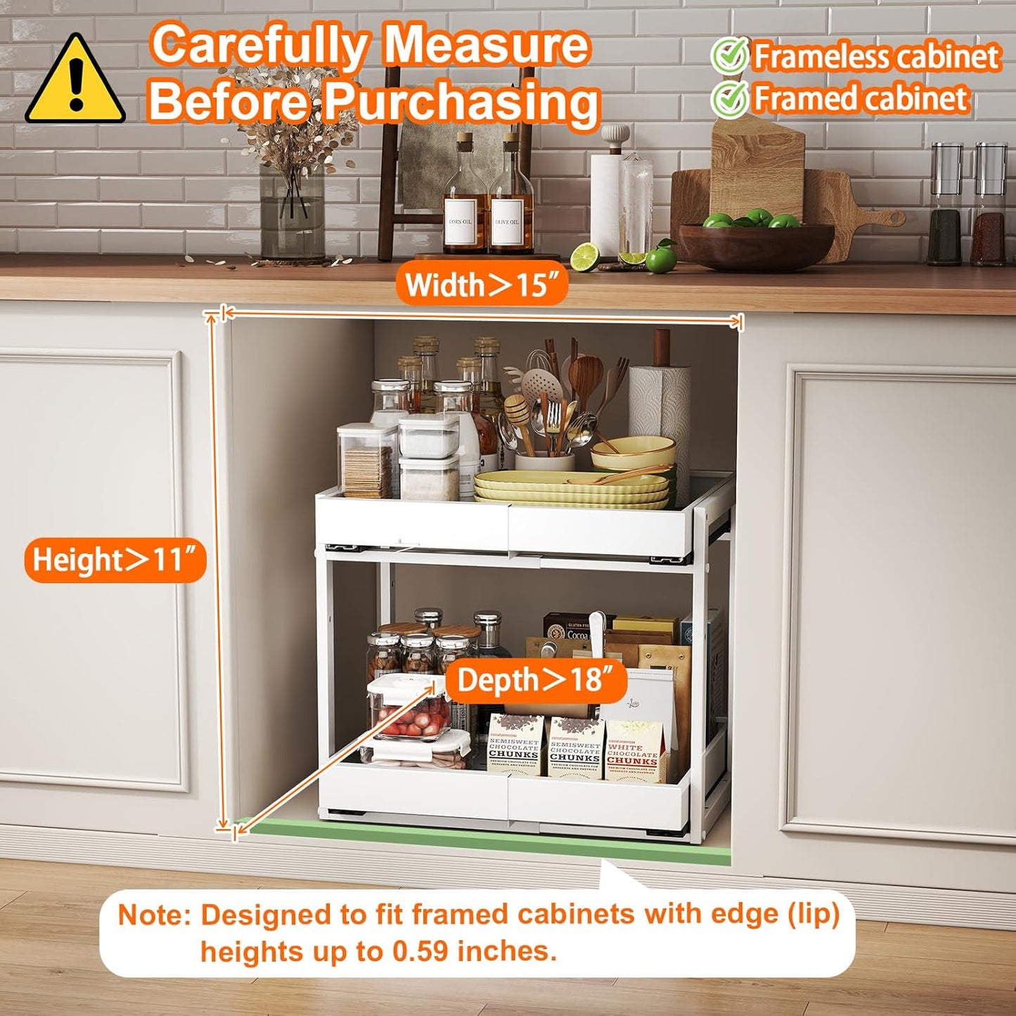 Golener Pull Out Cabinet Organizer - 2-Tier Slide Out Expandable Drawers for Kitchen Cabinets, Bathroom Organizers and Storage, Under Sink Organizer for Kitchen Storage Organization, White Metal Frame