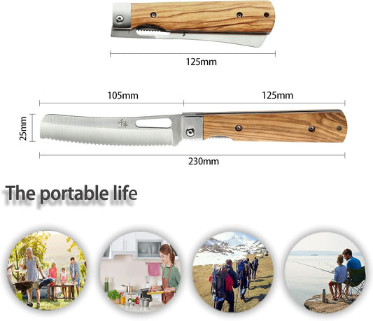 SENBON 440A stainless steel pocket folding Japanese Bread knife Natural Olive Handle Camping trip Outdoor Portable Serrated knife