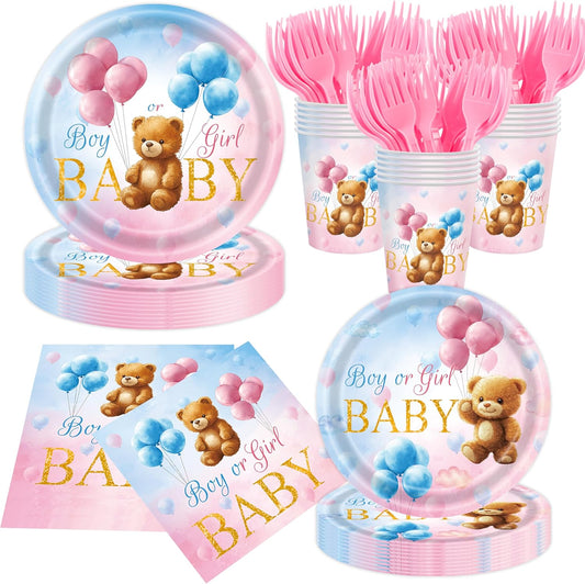 140 Pcs Bear Gender Reveal Decorations Plates Cups and Napkins Sets Boy Or Girl Gender Reveal Decorations Serves 20